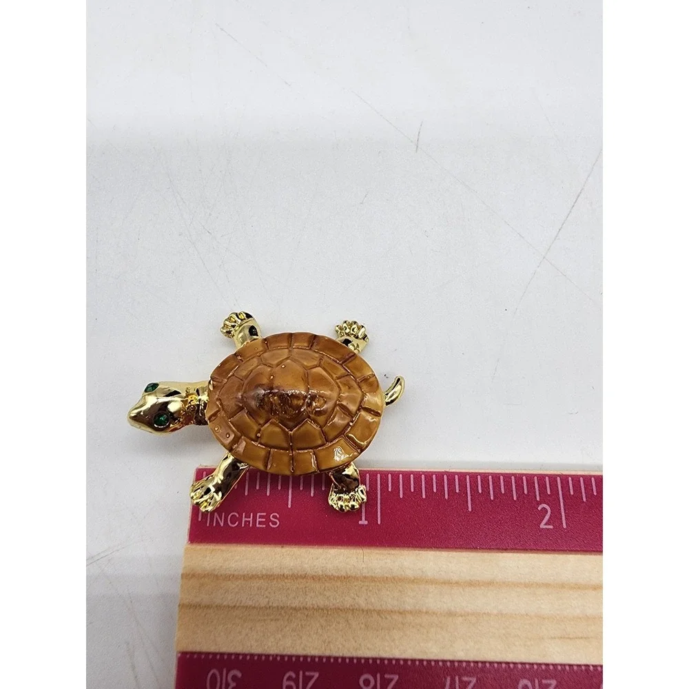 Vintage Gold Tone Brown Enamel Turtle Brooch Set Green Rhinestone Eyes 2 Piece